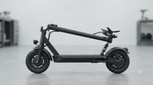 Side view of a 48v electric scooter showing the frame and battery placement.