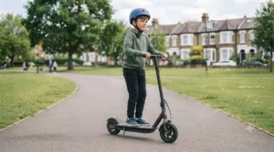A child demonstrating balance and agility while riding a standing electric scooter along a park pathway.