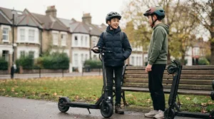Teenager wearing a helmet while riding a 48v electric scooter safely.
