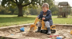 Toddler using a ride-on digger toy to scoop sand in a local park sandpit