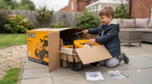 A newly delivered JCB ride-on dumper box opened on a driveway, ready for simple home assembly.