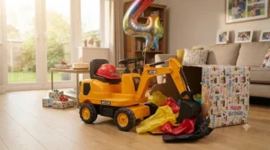 Wrapped electric ride-on JCB digger set up as a special birthday present in a living room.