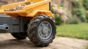 Durable, all-terrain wheels on a children's ride on dumper truck for garden use