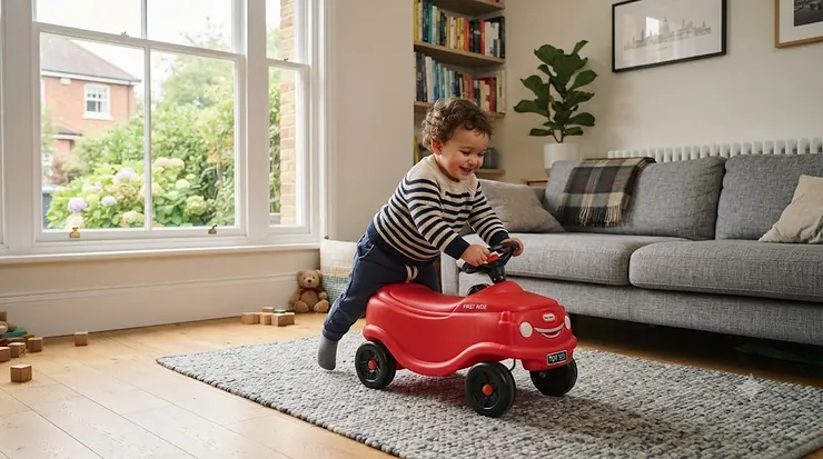 Colourful first ride-on car for toddlers parked on a British living room rug, ready for play. first ride-on car for toddlers