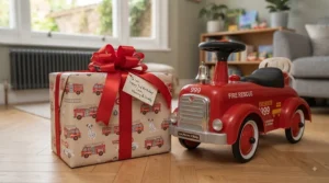 Wrapped birthday gift box next to a bright red fire engine ride-on toy ideal for a toddler's present.