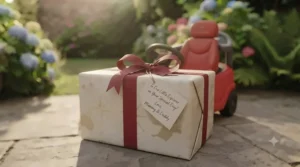 Wrapped present box next to a brand-new first ride-on car for toddlers as a birthday gift.