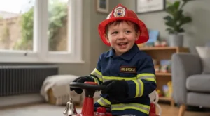 Child dressed as a firefighter playing creatively with a red fire engine ride-on toy.