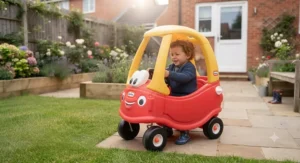 Young child having fun steering a licensed character Cozy Coupe during outdoor playtime on the grass.