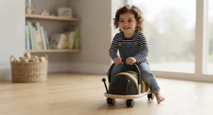Toddler actively zooming around an indoor living room on a yellow and black Wheelybug bee ride-on.