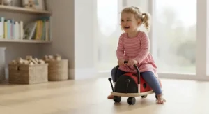 Young child having fun riding the red and black Wheelybug ladybird on a smooth laminate floor.