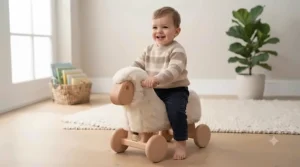 Two-year-old child comfortably seated on a low-height wooden animal ride-on.