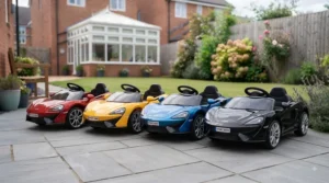 A lineup of sleek sports car ride-on toys for toddlers available in classic racing colours.