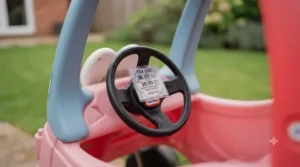 Close-up of the easy-grip steering wheel and working mechanical horn inside the pink toddler car.