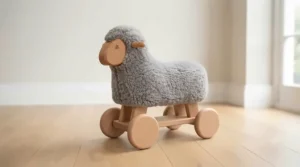Smiling wooden bear animal ride-on with smooth rolling wheels for indoor play.