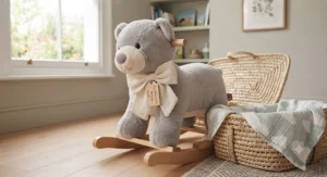 Wipe-clean plush fabric surface on a toddler rocking animal, perfect for busy parents.