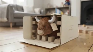 Easy-to-hold wooden handles designed for toddlers on the rolling plush animal ride-on.