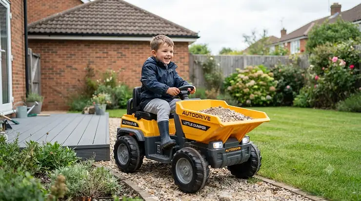 Electric ride-on dumper truck for kids in a back garden, featuring a working tipping bucket and robust British-built style design. electric ride on dumper truck