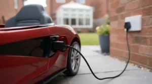 A child's battery-powered electric sports car ride-on plugged in for charging in a modern UK home.