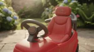Ergonomically designed seat and backrest dimensions of a sturdy first ride-on car for toddlers.