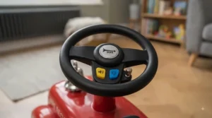 Close-up of the interactive steering wheel and sound buttons on a red fire engine ride-on toy for children.