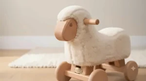 Soft fleece-covered wooden sheep animal ride-on toy designed for British nurseries.