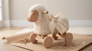 Beautifully wrapped wooden animal ride-on ready as a first birthday present.