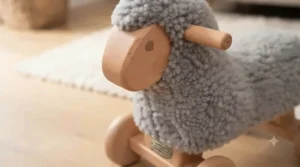 Close-up of smooth, non-toxic painted finish on a handcrafted wooden animal ride-on.
