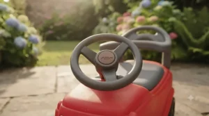 Interactive steering wheel with a squeaker horn on a bright first ride-on car for toddlers.