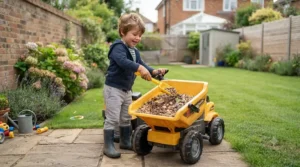 Young boy hauling sand in the bucket of his ride on dumper truck outdoors