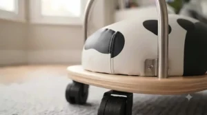 Lightweight Wheelybug cow ride-on being easily carried by a parent indoors.