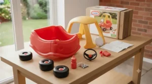 Flat-pack box and components ready for home assembly of the iconic red Little Tikes Cozy Coupe.