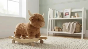 The rolling plush animal ride-on neatly styled in a modern British child's nursery.