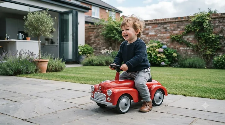 A bright red outdoor foot-to-floor car toy parked on a modern British patio, with a smiling toddler holding the steering wheel. outdoor foot-to-floor car