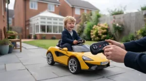 A parent holding a digital remote control while supervising a toddler driving a ride-on sports car.