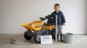 Scale comparison showing the size of the electric ride-on dumper truck suitable for children aged three to six years.