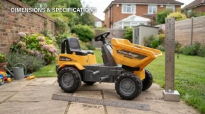 Dimensions and sizing guide for a toddler electric ride on dumper truck