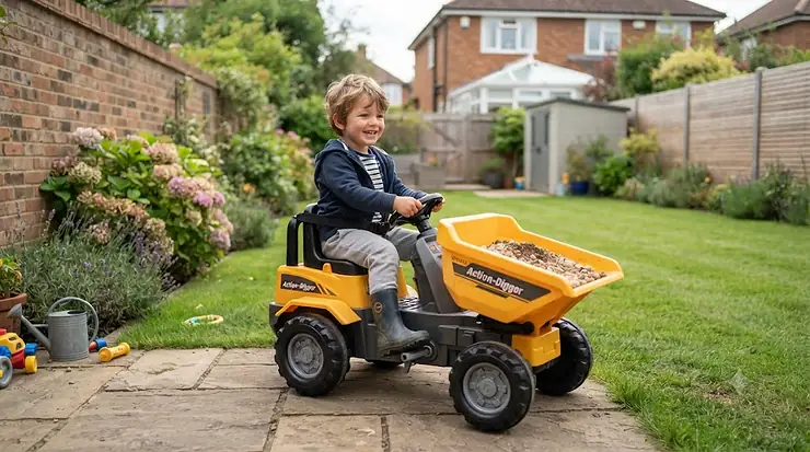 Child playing outdoors in a British garden with a heavy-duty ride on dumper truck ride on dumper truck