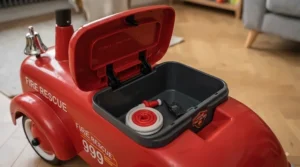 Open seat revealing the secret under-seat storage compartment of a children's ride-on fire engine.
