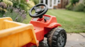 A detailed close-up view of the sturdy steering wheel, rugged plastic wheels, and safety features on a children's ride-on tipping truck, showing realistic wear and mud.