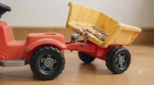 A toddler cruising on a ride-on tipping truck across a clean wooden playroom floor, demonstrating its non-marking wheels.