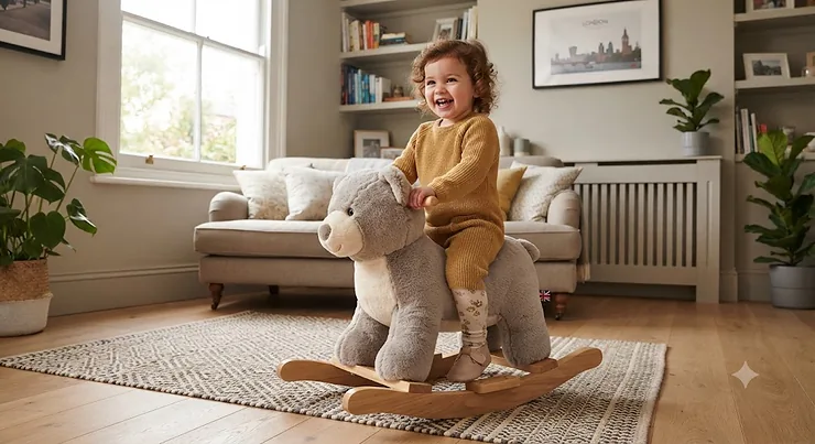 A toddler happily riding a traditional plush rocking animal in a British living room, ideal for developing toddler balance and coordination. rocking animal ride-on for toddlers