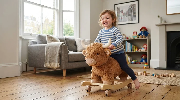 A toddler riding a fluffy rolling plush animal ride-on toy in a British living room. rolling plush animal ride-on