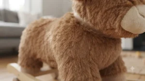 Close-up of safe, non-scratch multidirectional caster wheels on the rolling plush animal ride-on.