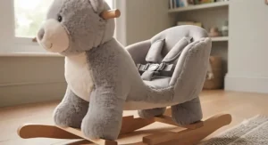 Close-up of safety features including a high backrest and secure footrests on a toddler rocking toy.