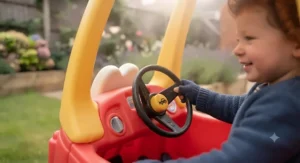 Close-up of the easy-grip steering wheel and horn inside a licensed character Cozy Coupe ride-on.