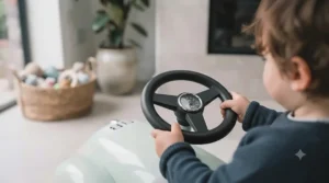 A parent lifting the seat of an open foot-to-floor car to reveal the under-seat toy storage compartment.