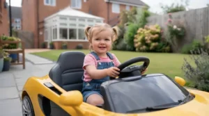 A two-year-old toddler sitting comfortably inside a mini sports car ride-on toy, demonstrating proper sizing.