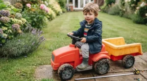 A two-year-old child demonstrating the correct size and proportions while sitting comfortably on a ride-on tipping truck, with a tape measure on the patio for scale.