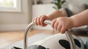 Young toddler having fun spinning 360 degrees on their Wheelybug cow ride-on.