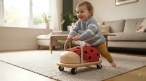 Toddler cruising on a Wheelybug ladybird across a living room rug during indoor playtime.